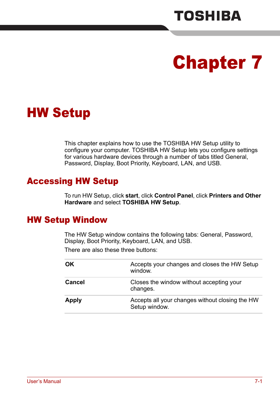 Chapter 7: hw setup, Accessing hw setup, Hw setup window | Chapter 7, Hw setup, Accessing hw setup -1 hw setup window -1, Introd | Toshiba Satellite Pro M50 User Manual | Page 111 / 158