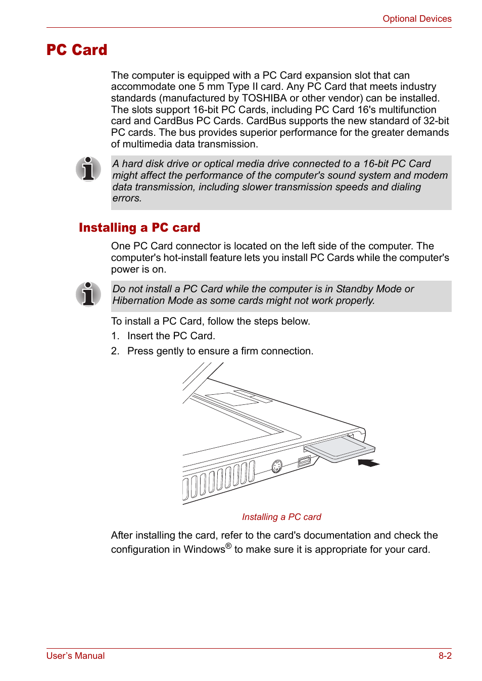 Pc card, Pc card -2, Installing a pc card | Toshiba Satellite Pro M50 User Manual | Page 116 / 158
