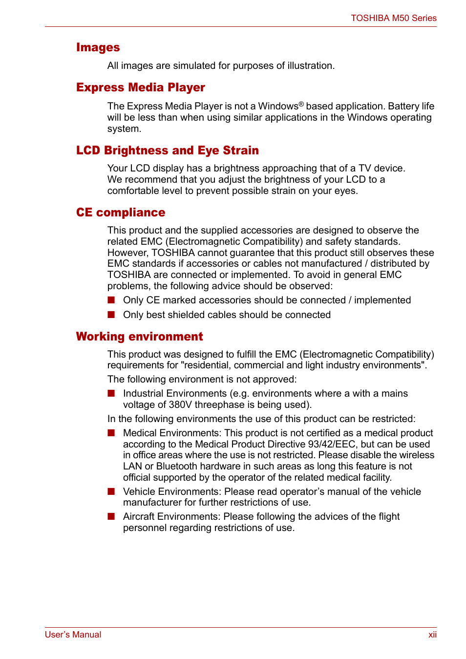 Images, Express media player, Lcd brightness and eye strain | Ce compliance, Working environment | Toshiba Satellite Pro M50 User Manual | Page 12 / 158