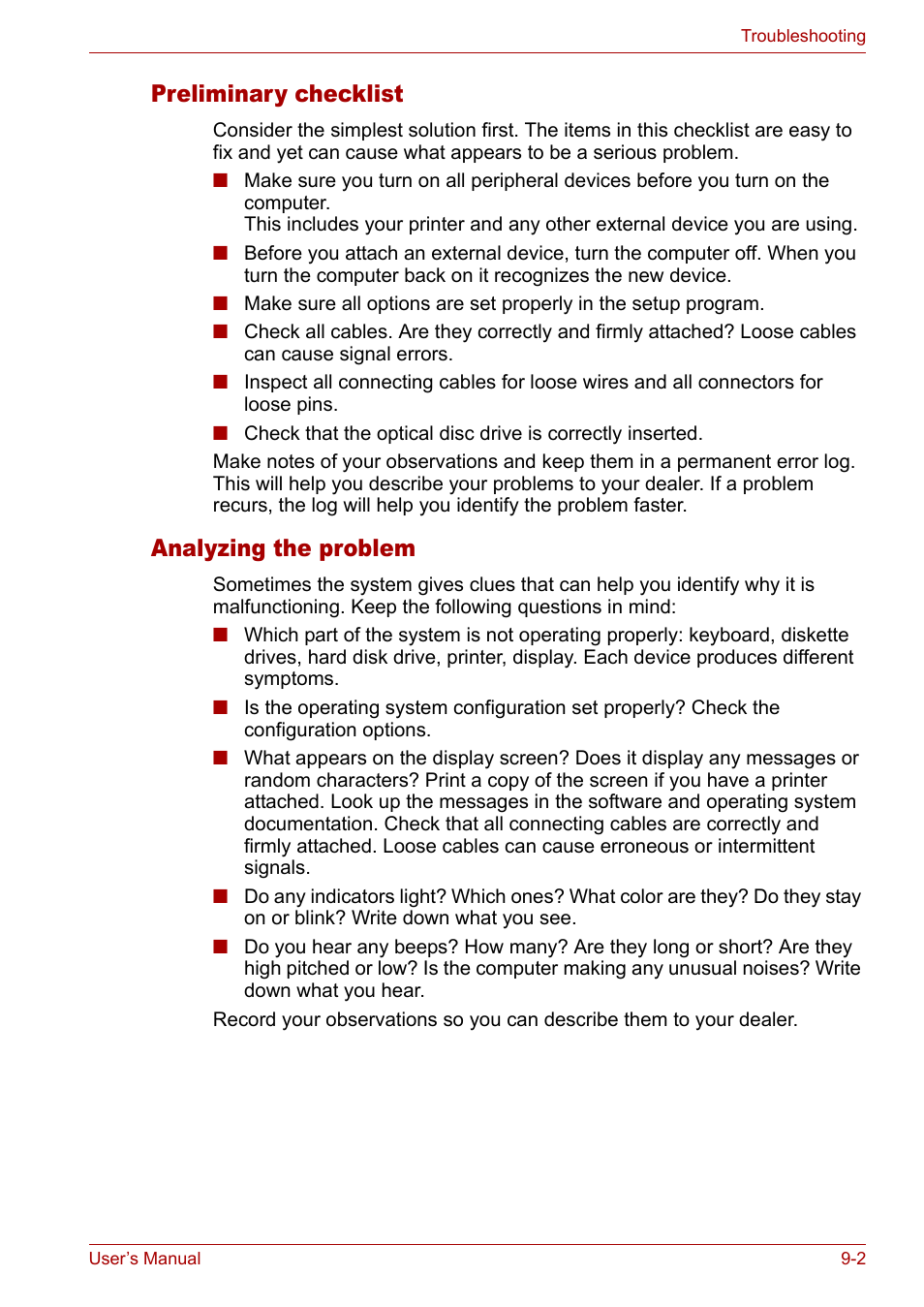 Preliminary checklist, Analyzing the problem | Toshiba Satellite Pro M50 User Manual | Page 125 / 158