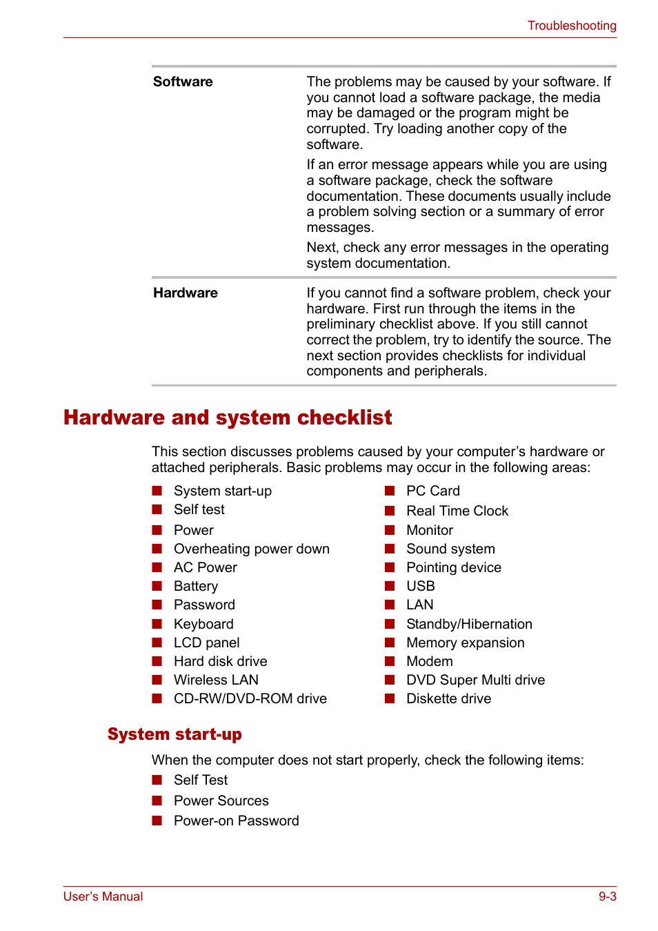 Hardware and system checklist, Hardware and system checklist -3, System start-up | Toshiba Satellite Pro M50 User Manual | Page 126 / 158