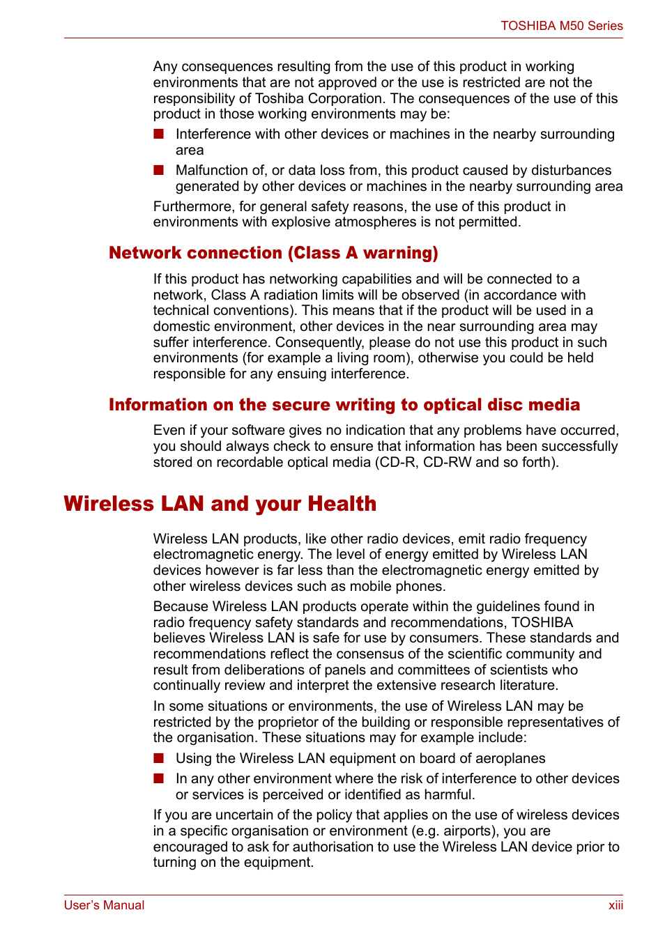 Wireless lan and your health, Network connection (class a warning) | Toshiba Satellite Pro M50 User Manual | Page 13 / 158