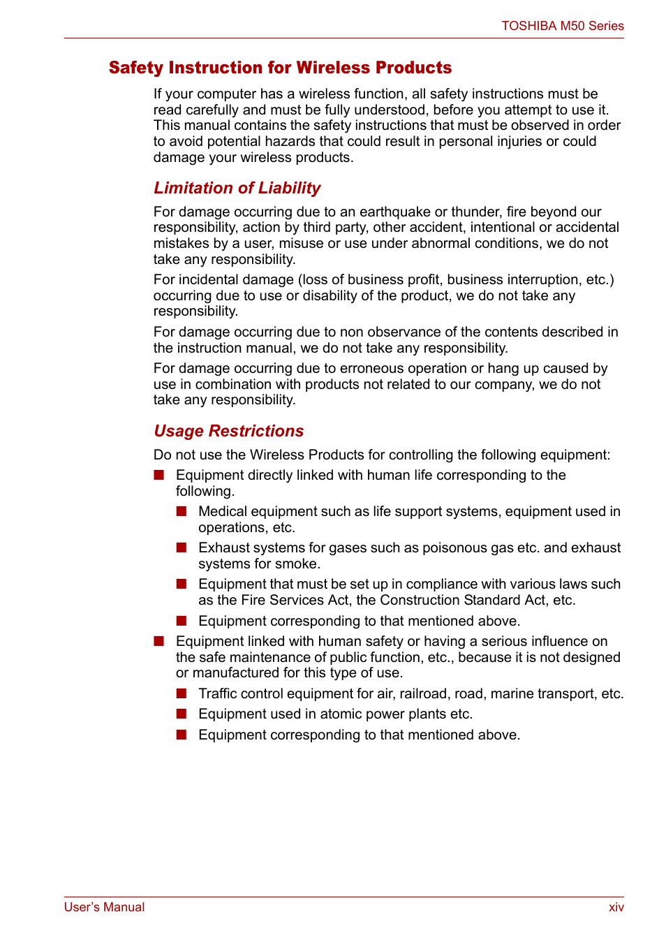 Safety instruction for wireless products | Toshiba Satellite Pro M50 User Manual | Page 14 / 158