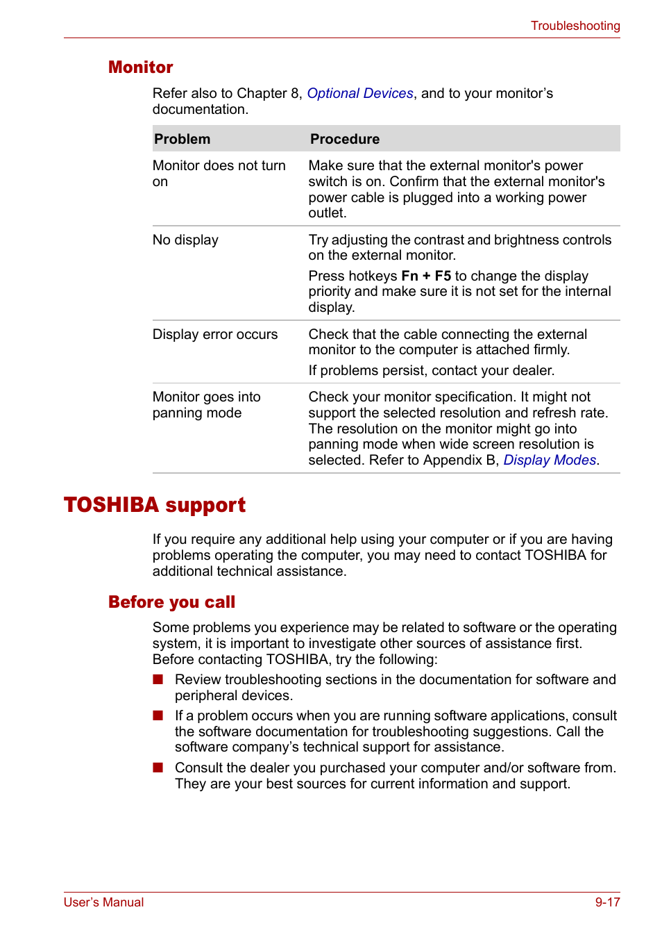 Toshiba support, Toshiba support -17, Monitor | Before you call | Toshiba Satellite Pro M50 User Manual | Page 140 / 158