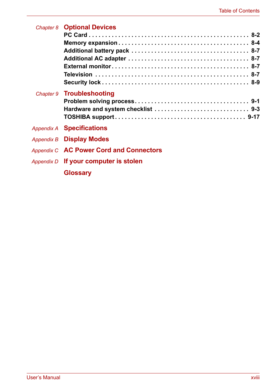 Optional devices, Troubleshooting, Specifications | Display modes, Ac power cord and connectors, If your computer is stolen, Glossary | Toshiba Satellite Pro M50 User Manual | Page 18 / 158