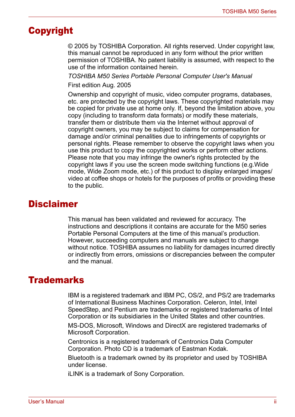 Copyright, Disclaimer, Trademarks | Toshiba Satellite Pro M50 User Manual | Page 2 / 158