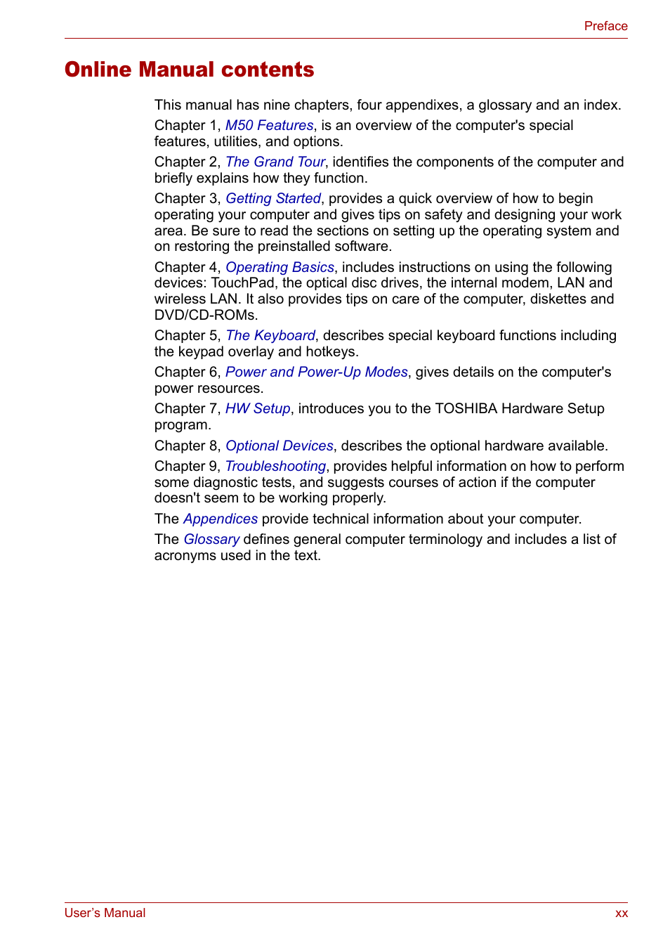 Online manual contents | Toshiba Satellite Pro M50 User Manual | Page 20 / 158