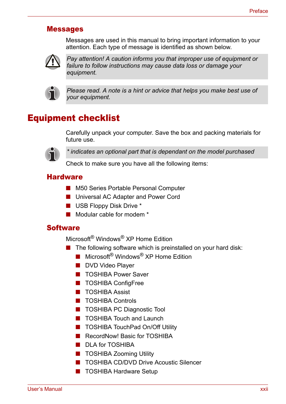 Equipment checklist, Messages, Hardware | Software | Toshiba Satellite Pro M50 User Manual | Page 22 / 158