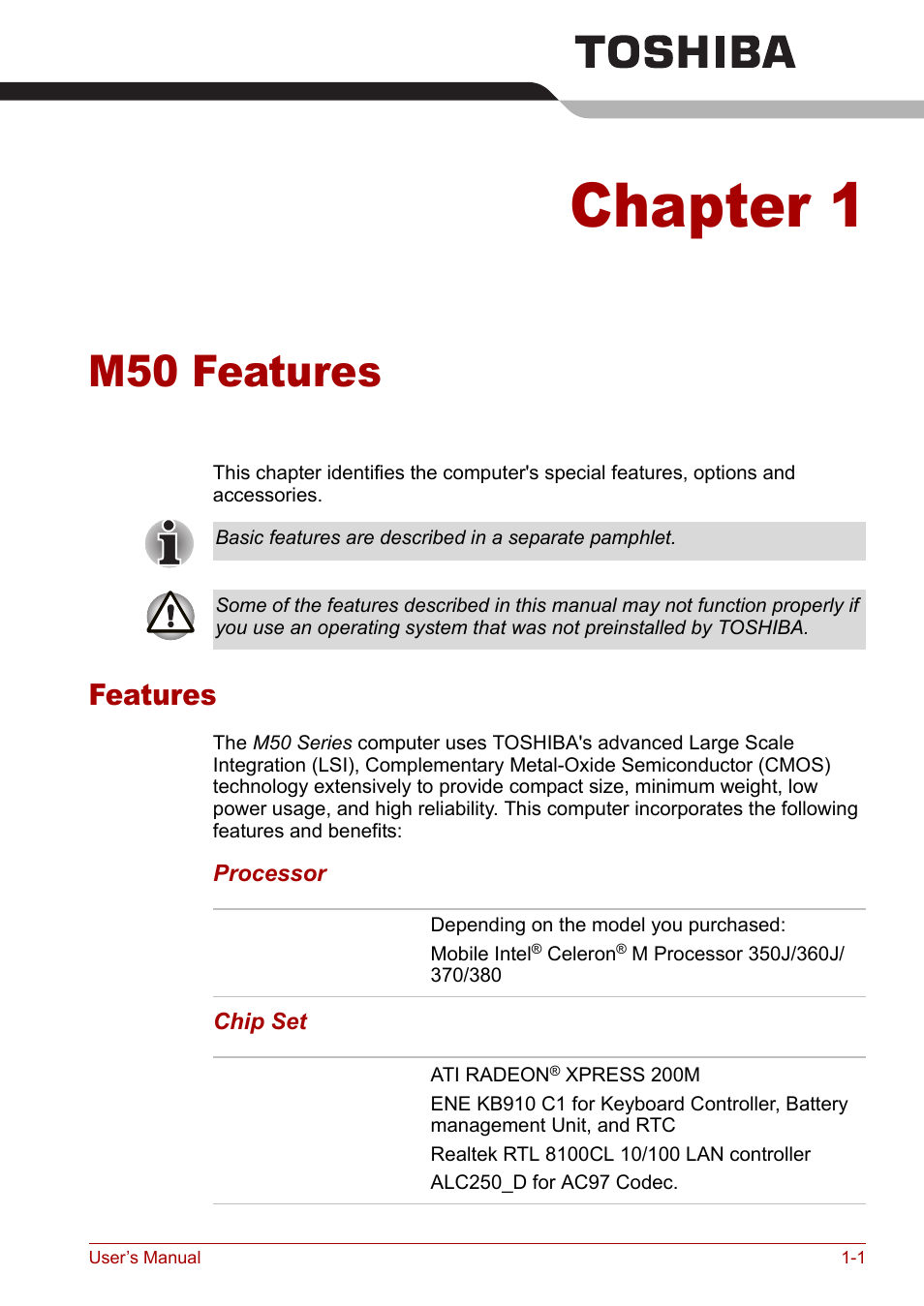 Chapter 1: m50 features, Features, Chapter 1 | M50 features, Features -1 | Toshiba Satellite Pro M50 User Manual | Page 24 / 158