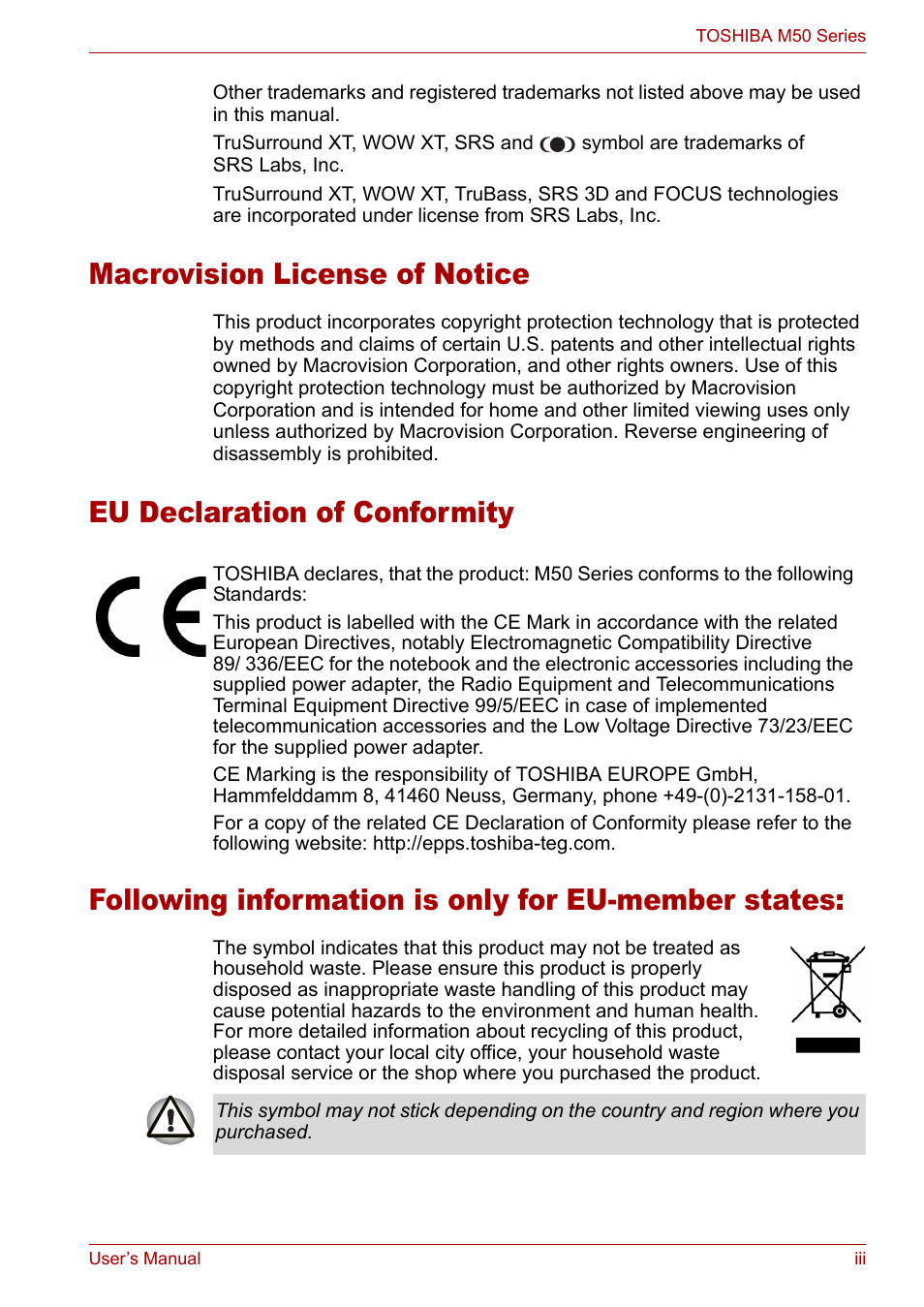 Macrovision license of notice | Toshiba Satellite Pro M50 User Manual | Page 3 / 158