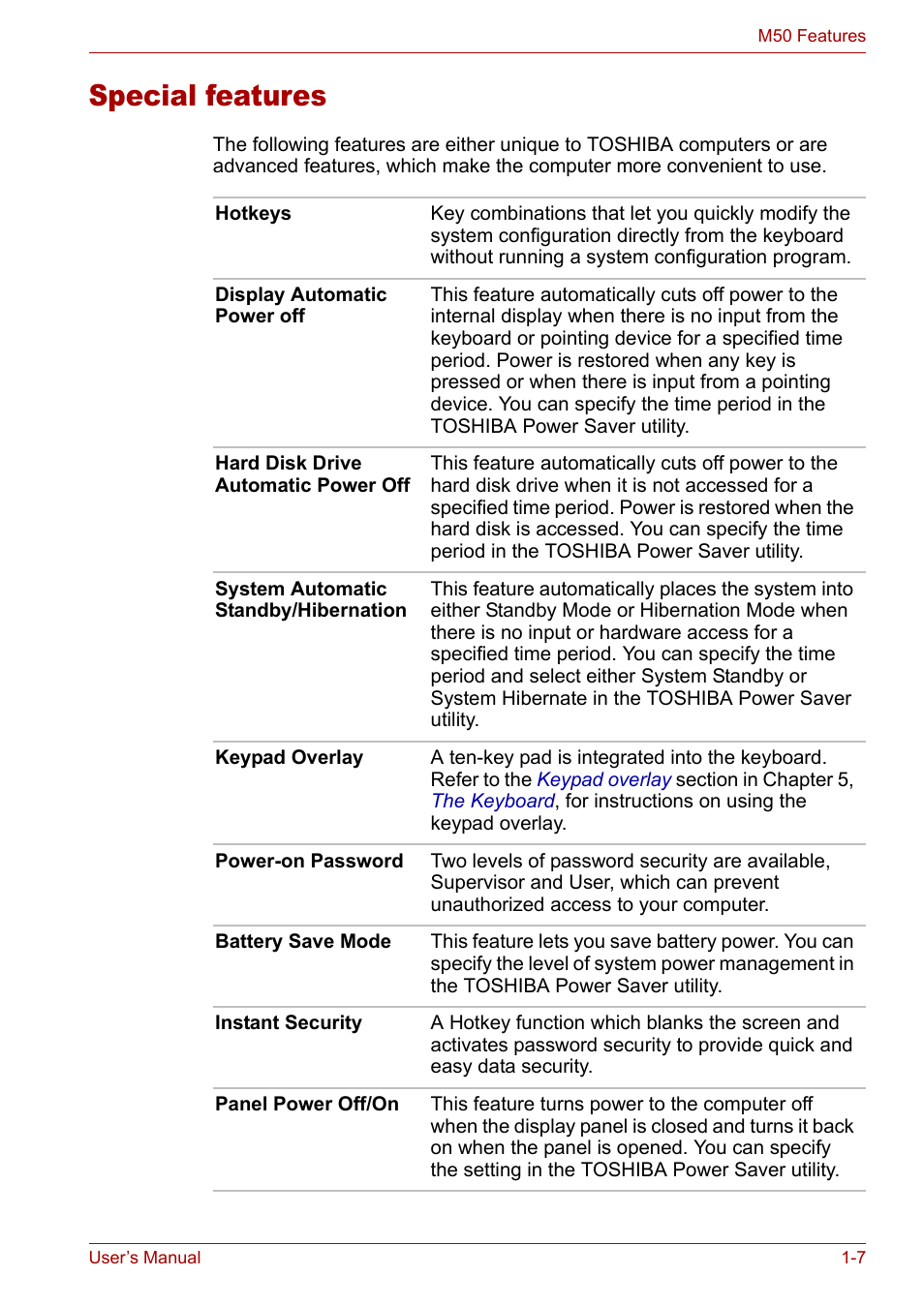 Special features, Special features -7 | Toshiba Satellite Pro M50 User Manual | Page 30 / 158