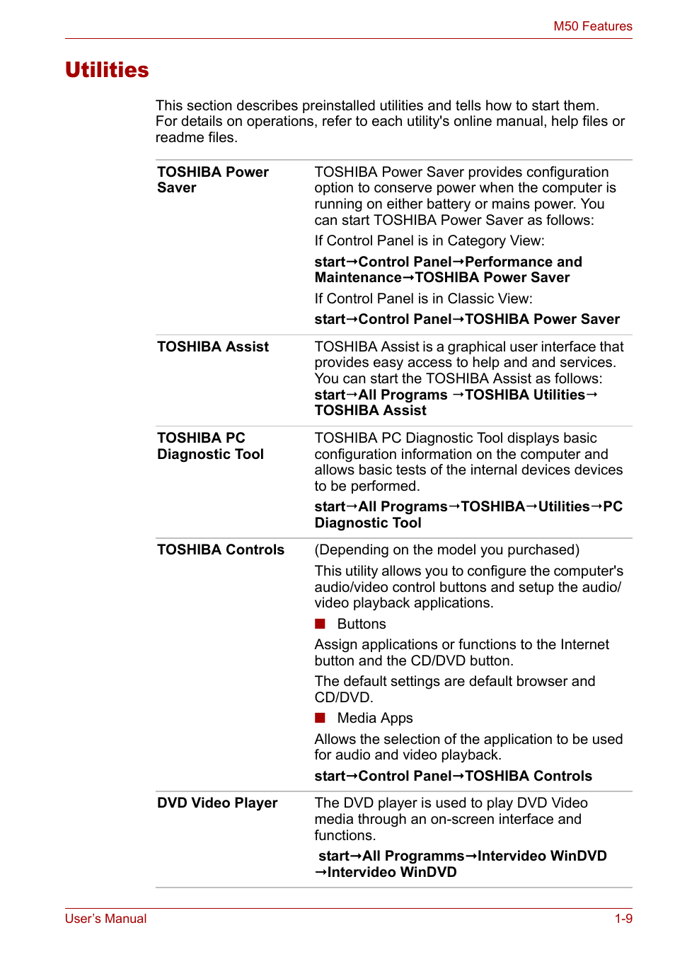 Utilities, Utilities -9 | Toshiba Satellite Pro M50 User Manual | Page 32 / 158