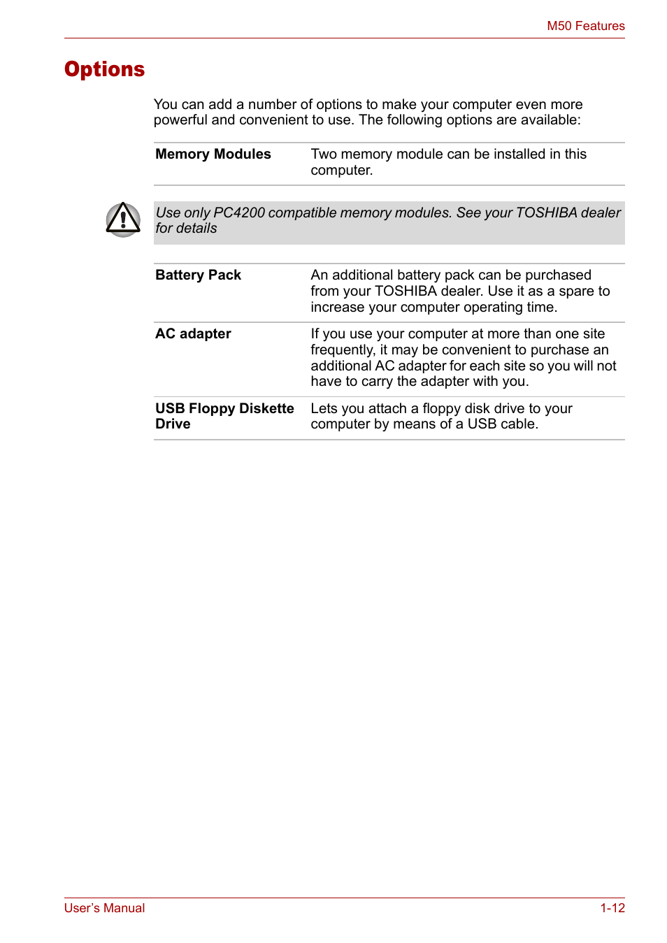 Options, Options -12 | Toshiba Satellite Pro M50 User Manual | Page 35 / 158