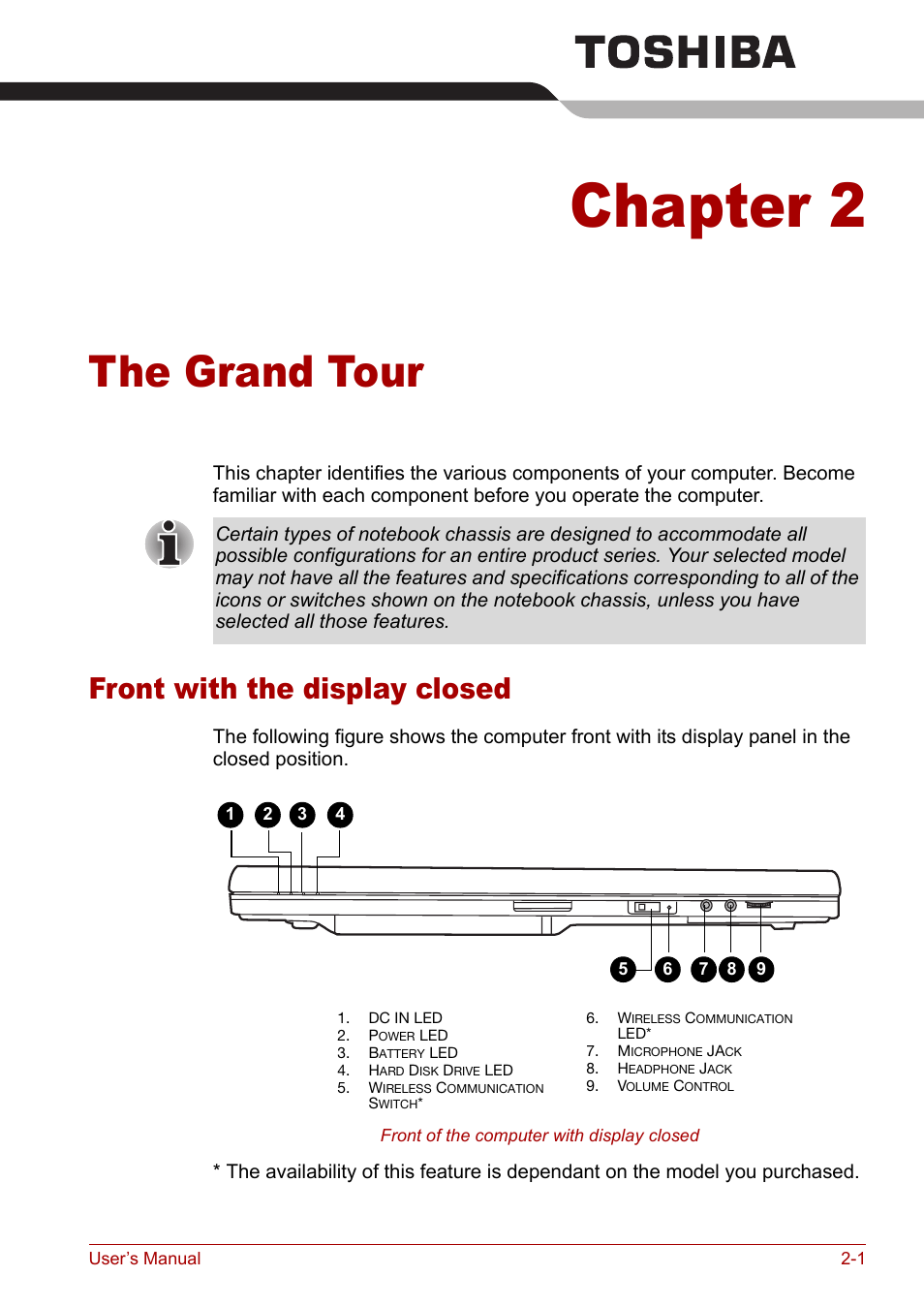 Chapter 2: the grand tour, Front with the display closed, Chapter 2 | The grand tour, Front with the display closed -1, Ter 2 | Toshiba Satellite Pro M50 User Manual | Page 36 / 158
