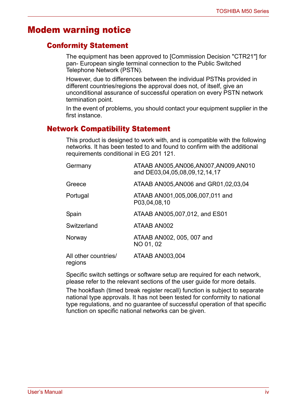 Modem warning notice, Conformity statement, Network compatibility statement | Toshiba Satellite Pro M50 User Manual | Page 4 / 158