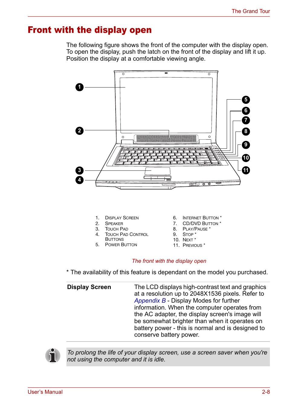 Front with the display open, Front with the display open -8 | Toshiba Satellite Pro M50 User Manual | Page 43 / 158