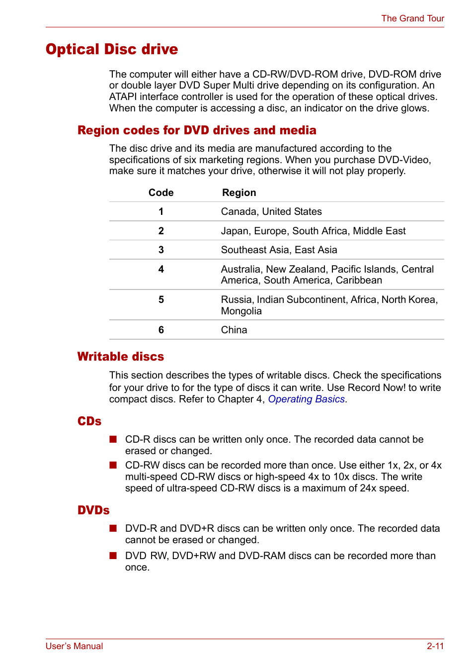 Optical disc drive, Optical disc drive -11, Region codes for dvd drives and media | Writable discs, Dvds | Toshiba Satellite Pro M50 User Manual | Page 46 / 158