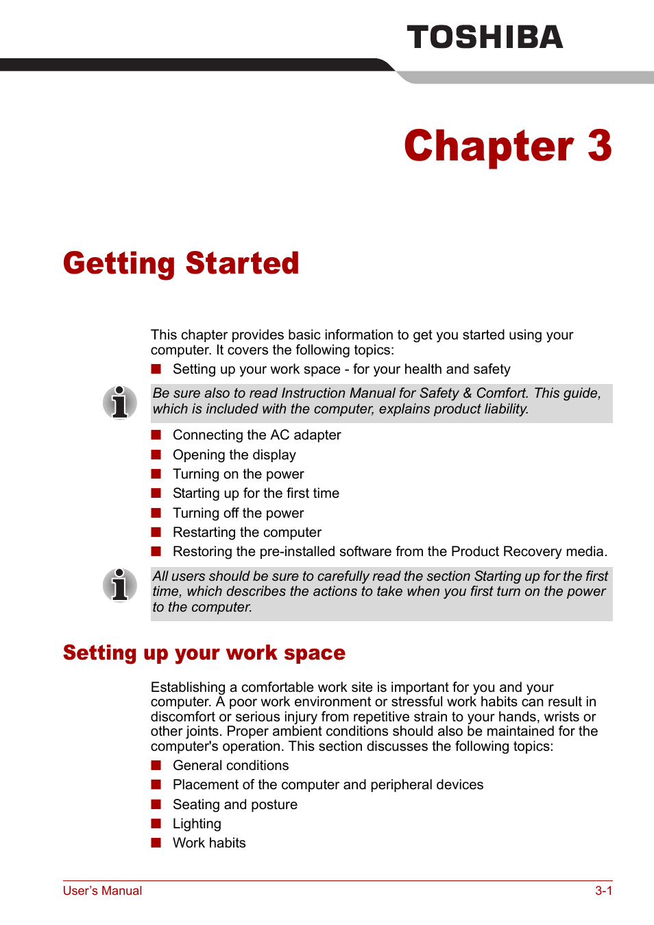 Chapter 3: getting started, Setting up your work space, Chapter 3 | Getting started, Setting up your work space -1, Provi, For det | Toshiba Satellite Pro M50 User Manual | Page 49 / 158