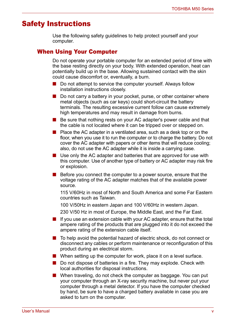 Safety instructions, When using your computer | Toshiba Satellite Pro M50 User Manual | Page 5 / 158