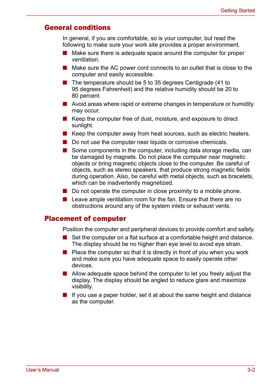 General conditions, Placement of computer | Toshiba Satellite Pro M50 User Manual | Page 50 / 158