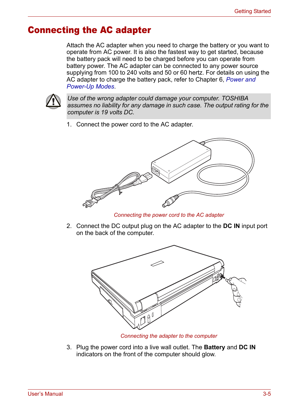 Connecting the ac adapter, Connecting the ac adapter -5 | Toshiba Satellite Pro M50 User Manual | Page 53 / 158