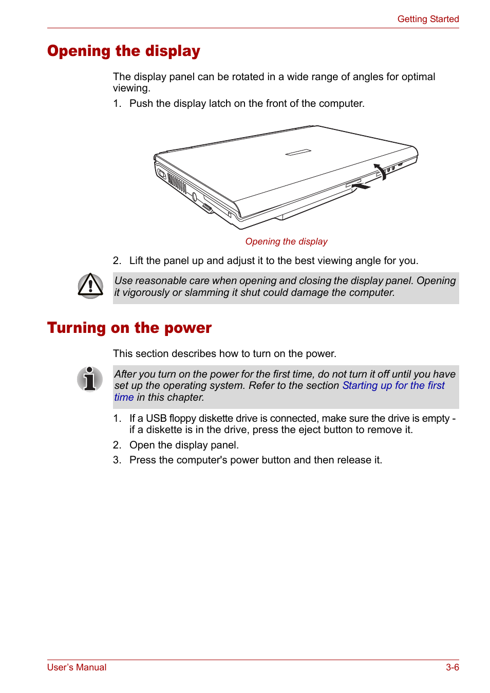 Opening the display, Turning on the power, Opening the display -6 turning on the power -6 | Toshiba Satellite Pro M50 User Manual | Page 54 / 158