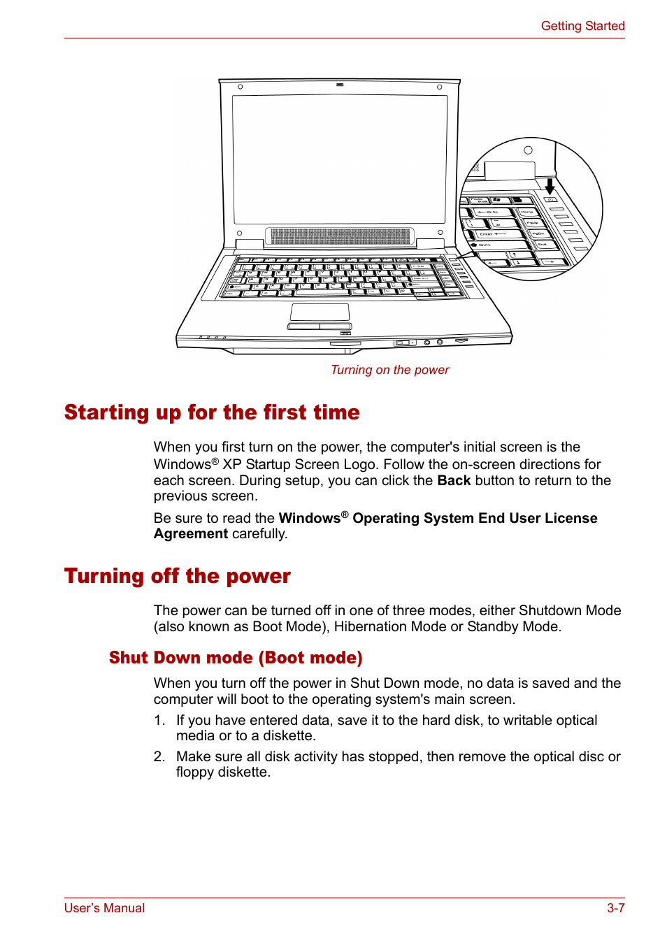 Starting up for the first time, Turning off the power, Section | Starting up for the first, Time, In this, Shut down mode (boot mode) | Toshiba Satellite Pro M50 User Manual | Page 55 / 158