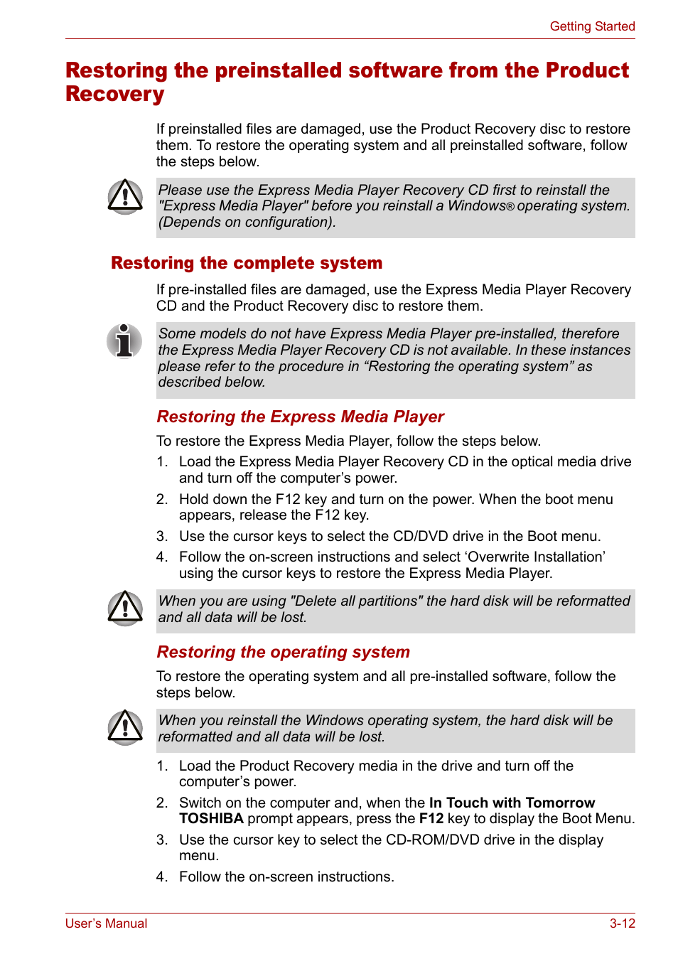 Restoring the complete system | Toshiba Satellite Pro M50 User Manual | Page 60 / 158