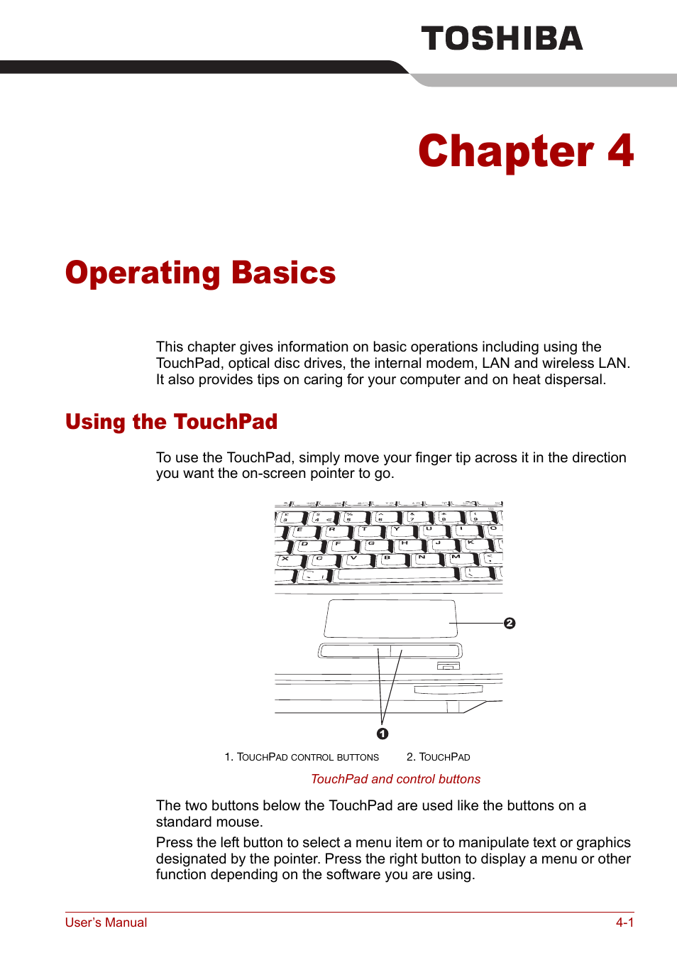 Chapter 4: operating basics, Using the touchpad, Chapter 4 | Operating basics, Using the touchpad -1, Incl, Using the, Touchpad, Section, Operating | Toshiba Satellite Pro M50 User Manual | Page 62 / 158