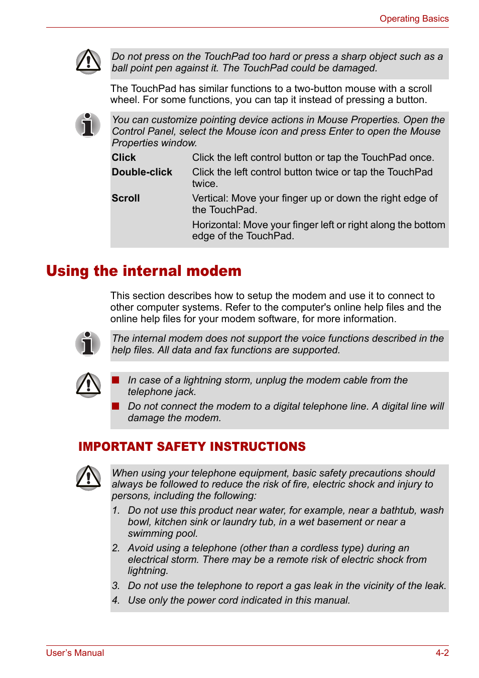 Using the internal modem, Using the internal modem -2, Important safety instructions | Toshiba Satellite Pro M50 User Manual | Page 63 / 158