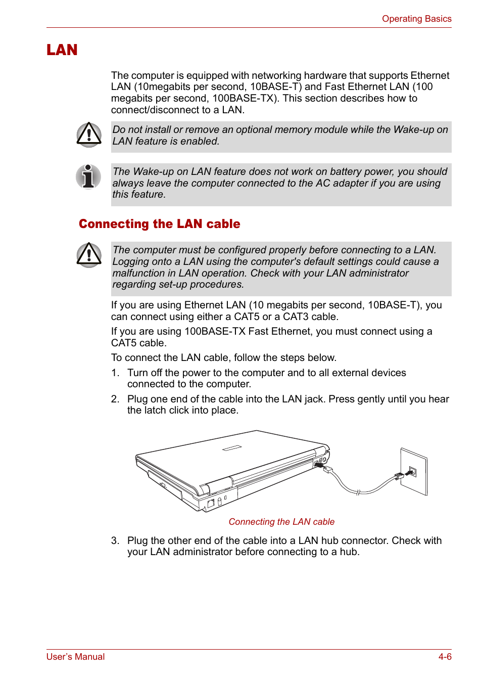 Lan -6, Connecting the lan cable | Toshiba Satellite Pro M50 User Manual | Page 67 / 158