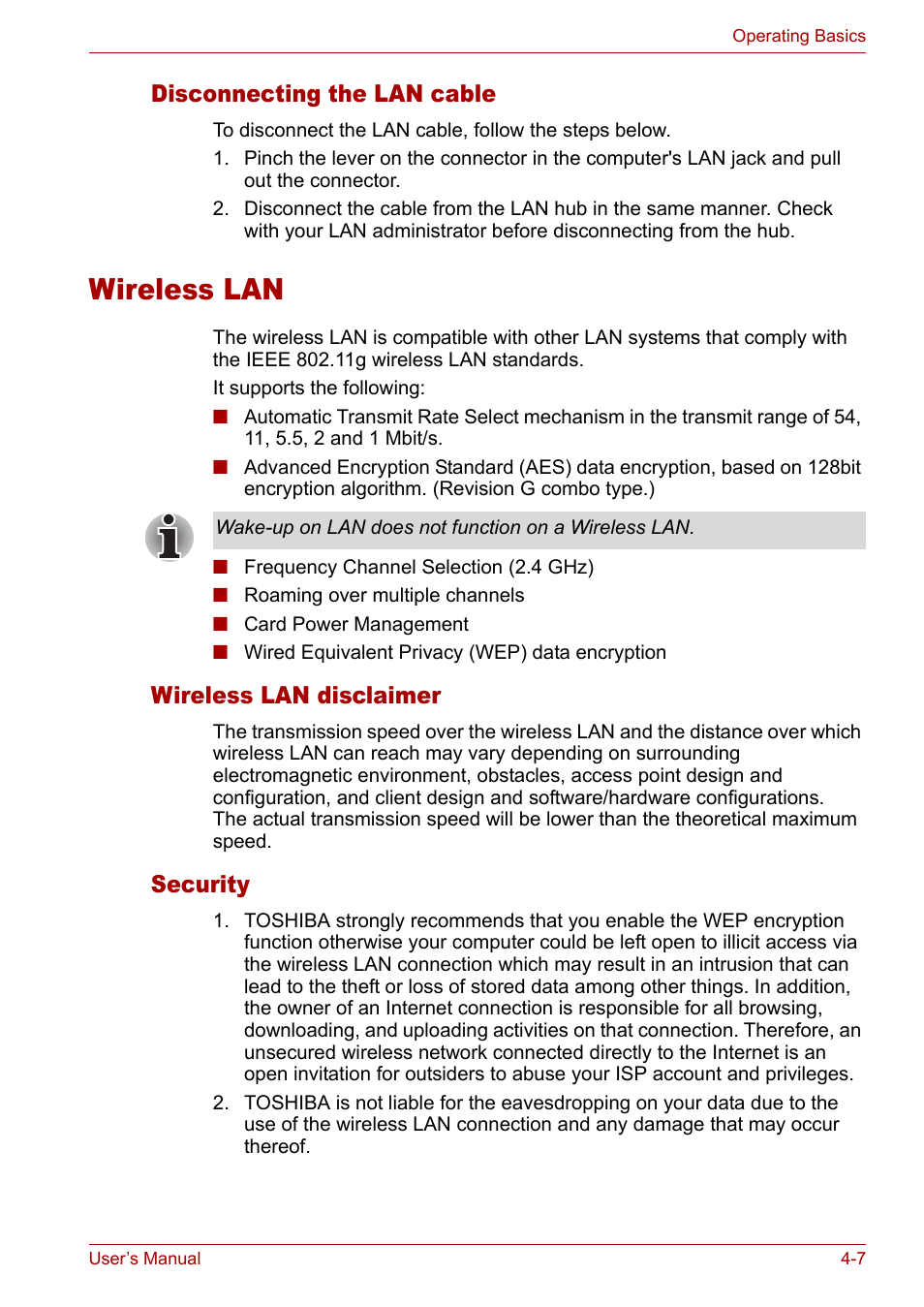 Wireless lan, Wireless lan -7, Disconnecting the lan cable | Wireless lan disclaimer, Security | Toshiba Satellite Pro M50 User Manual | Page 68 / 158