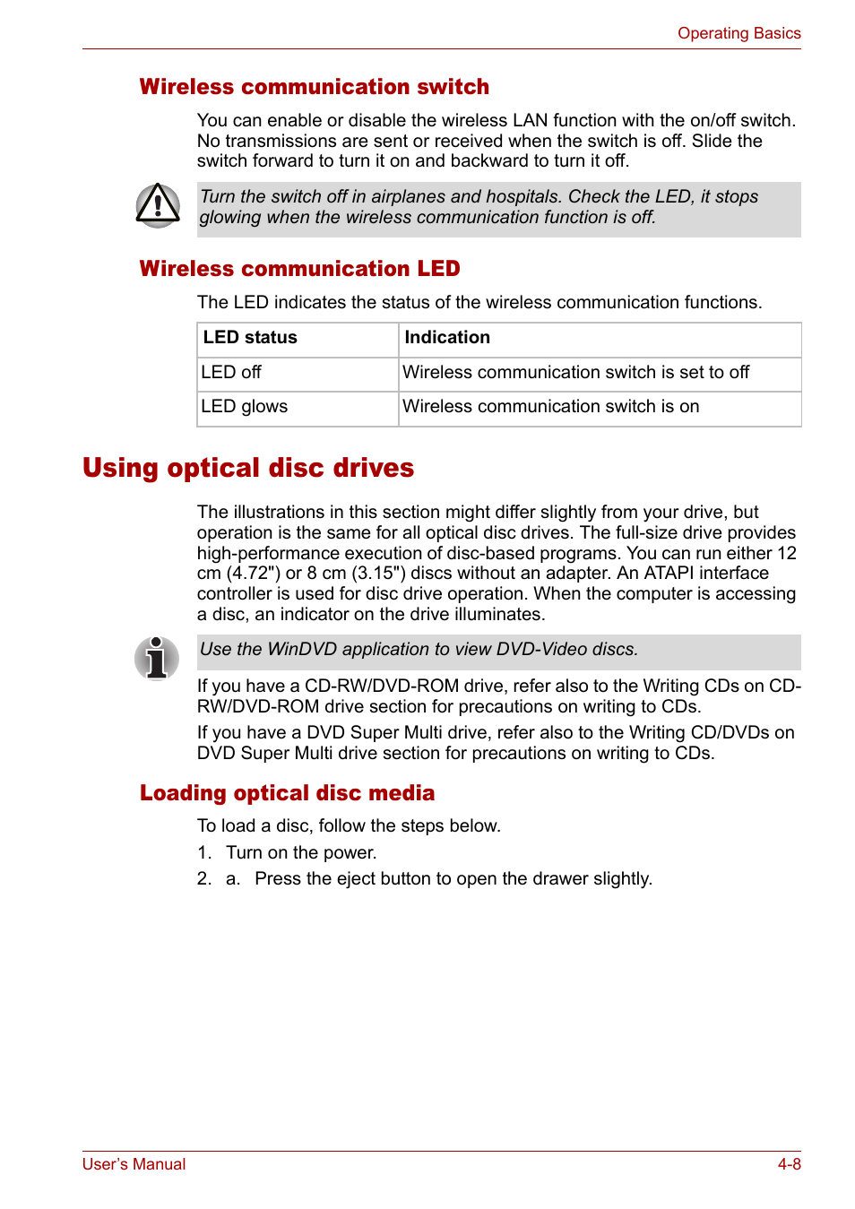 Using optical disc drives, Using optical disc drives -8, Wireless communication switch | Wireless communication led, Loading optical disc media | Toshiba Satellite Pro M50 User Manual | Page 69 / 158