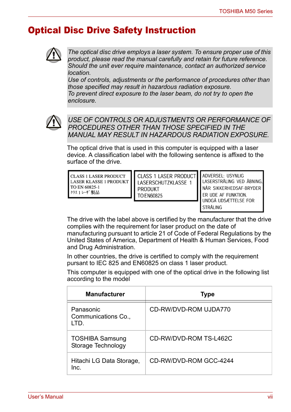 Optical disc drive safety instruction | Toshiba Satellite Pro M50 User Manual | Page 7 / 158