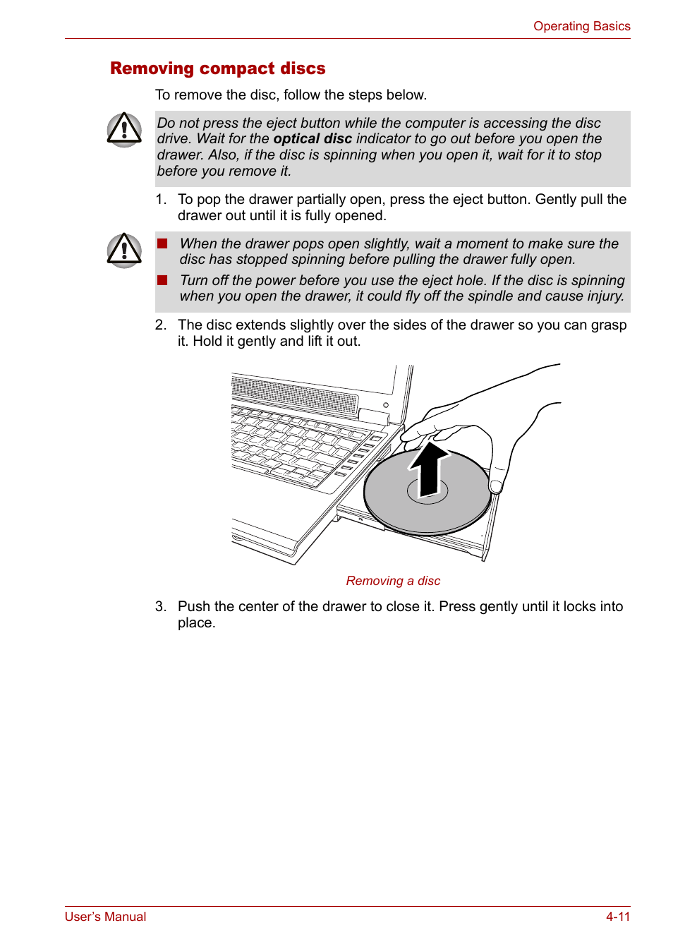 Removing compact discs | Toshiba Satellite Pro M50 User Manual | Page 72 / 158