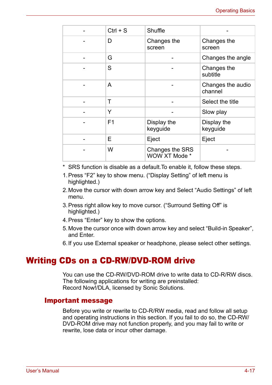 Writing cds on a cd-rw/dvd-rom drive, Writing cds on a cd-rw/dvd-rom drive -17, Important message | Toshiba Satellite Pro M50 User Manual | Page 78 / 158