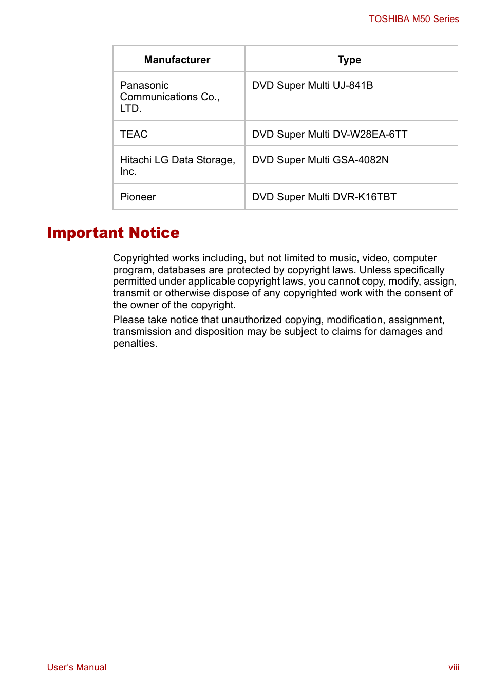 Important notice | Toshiba Satellite Pro M50 User Manual | Page 8 / 158