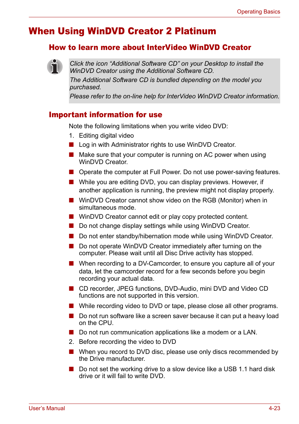 When using windvd creator 2 platinum, When using windvd creator 2 platinum -23 | Toshiba Satellite Pro M50 User Manual | Page 84 / 158