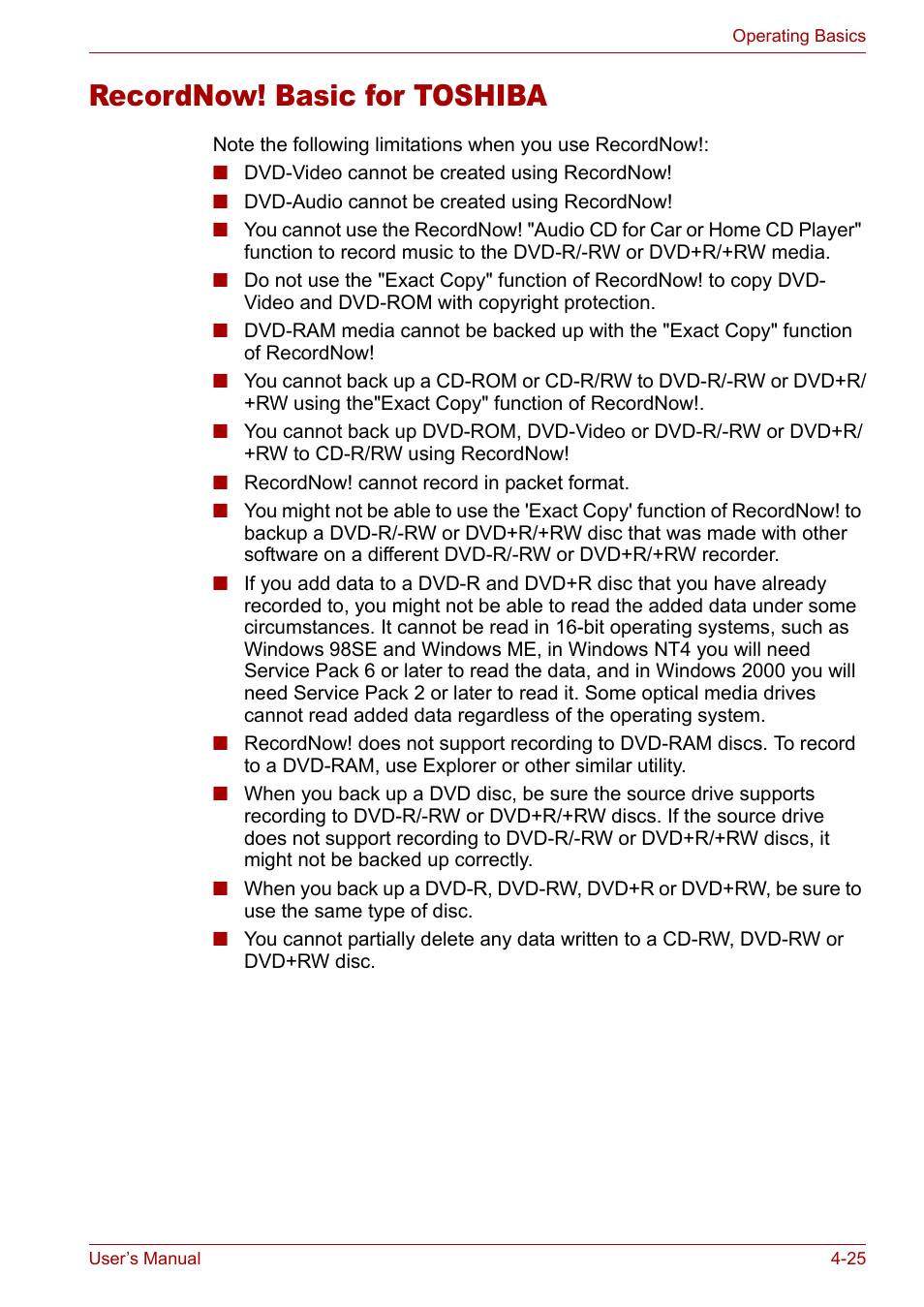 Recordnow! basic for toshiba, Recordnow! basic for toshiba -25 | Toshiba Satellite Pro M50 User Manual | Page 86 / 158