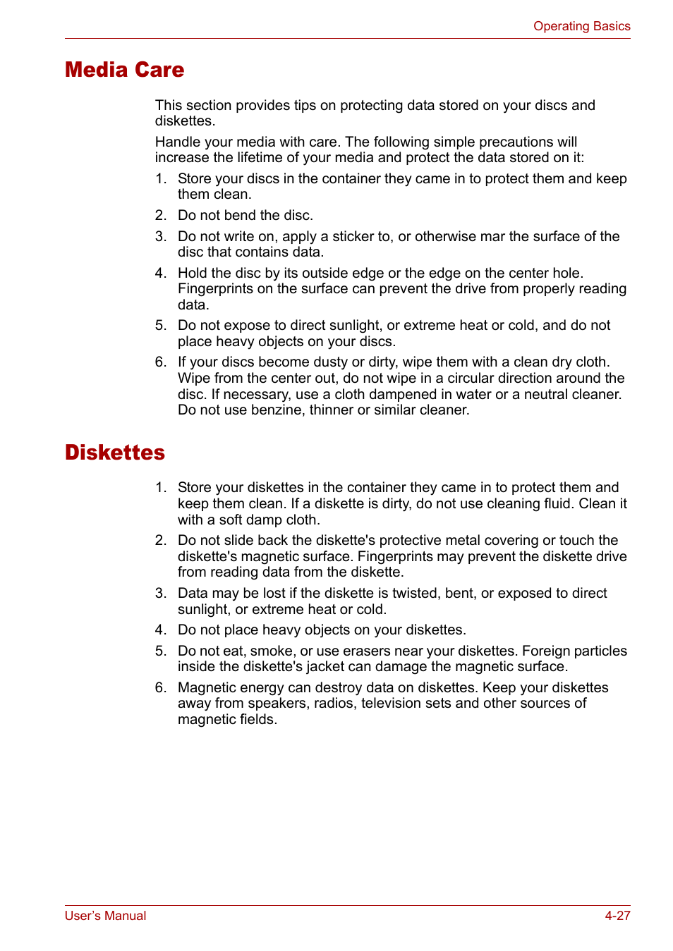 Media care, Diskettes, Media care -27 diskettes -27 | Toshiba Satellite Pro M50 User Manual | Page 88 / 158