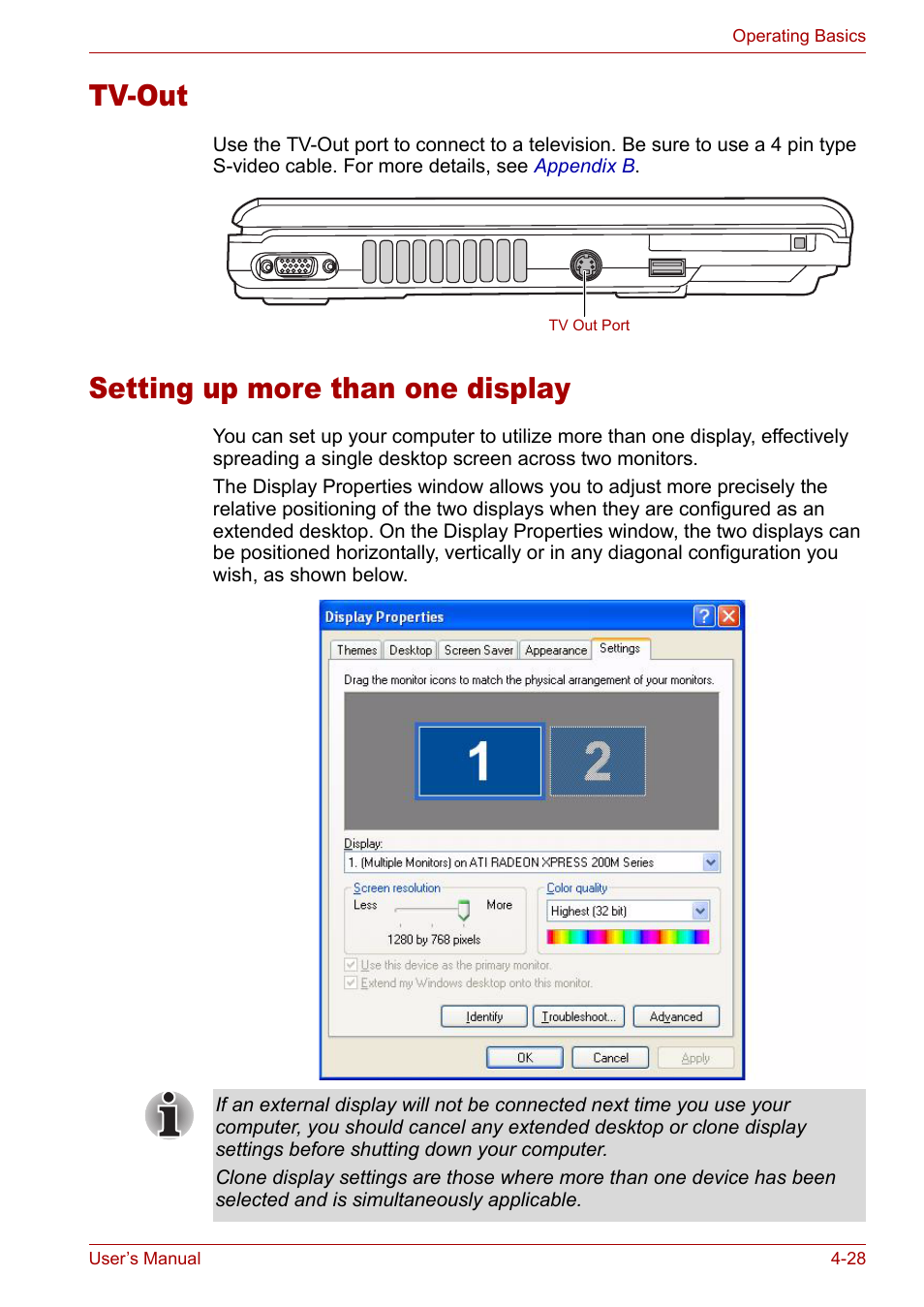 Tv-out, Setting up more than one display, Tv-out -28 setting up more than one display -28 | Toshiba Satellite Pro M50 User Manual | Page 89 / 158