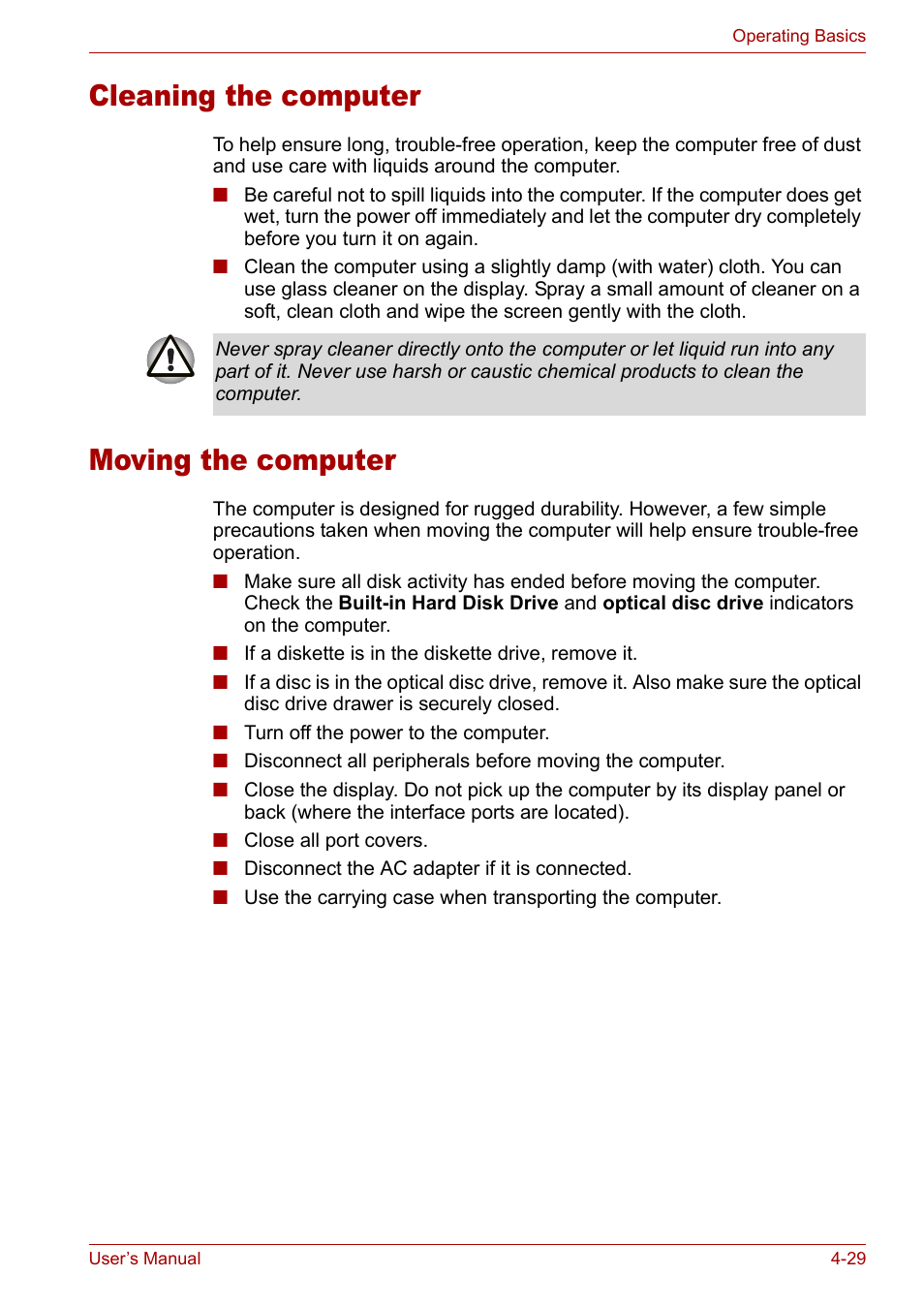 Cleaning the computer, Moving the computer, Cleaning the computer -29 moving the computer -29 | Toshiba Satellite Pro M50 User Manual | Page 90 / 158