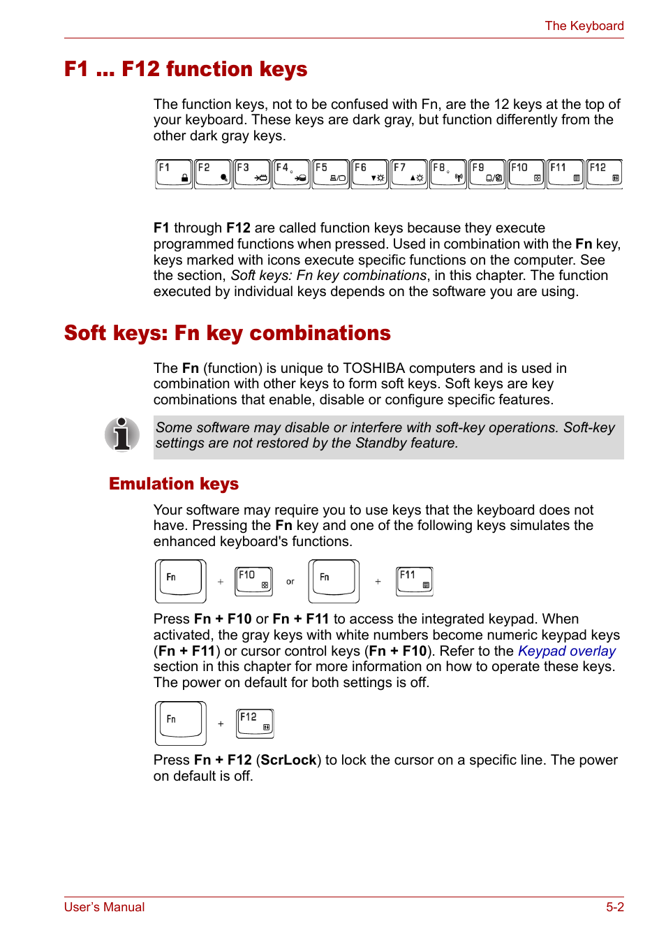 F1 ... f12 function keys, Soft keys: fn key combinations | Toshiba Satellite Pro M50 User Manual | Page 92 / 158