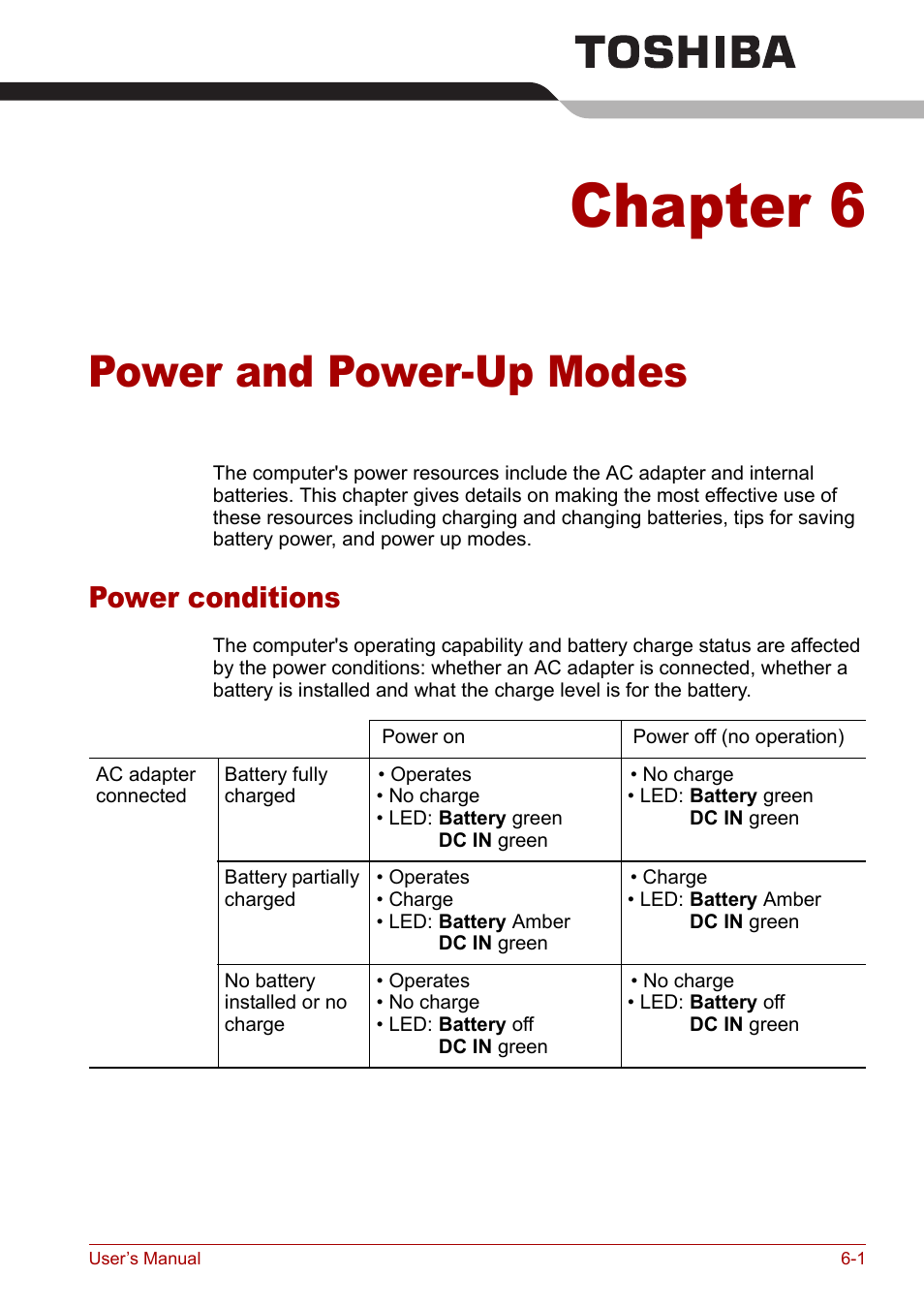 Chapter 6: power and power-up modes, Power conditions, Chapter 6 | Power and power-up modes, Power conditions -1, Power and, Power-up modes | Toshiba Satellite Pro M50 User Manual | Page 97 / 158
