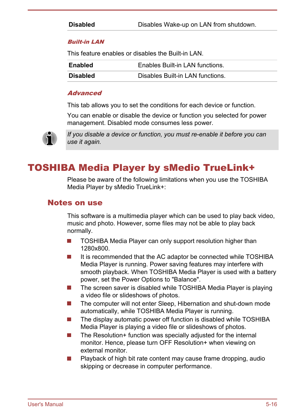 Toshiba media player by smedio truelink, Notes on use, Toshiba media player by smedio truelink+ -16 | Toshiba Portege Z930-E User Manual | Page 105 / 131