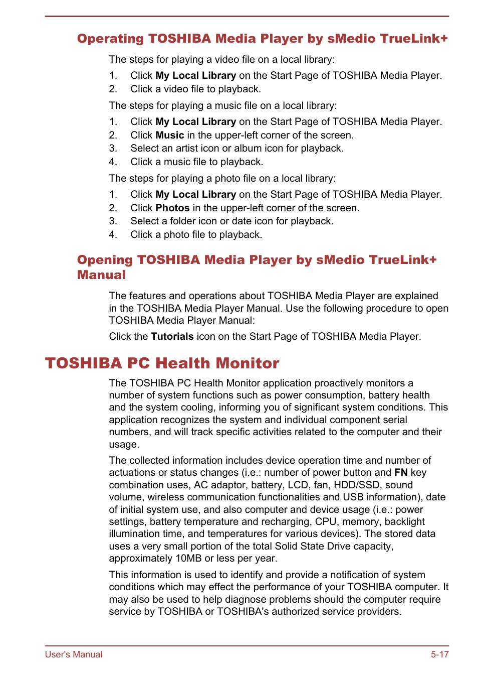 Operating toshiba media player by smedio truelink, Toshiba pc health monitor, Toshiba pc health monitor -17 | Toshiba Portege Z930-E User Manual | Page 106 / 131