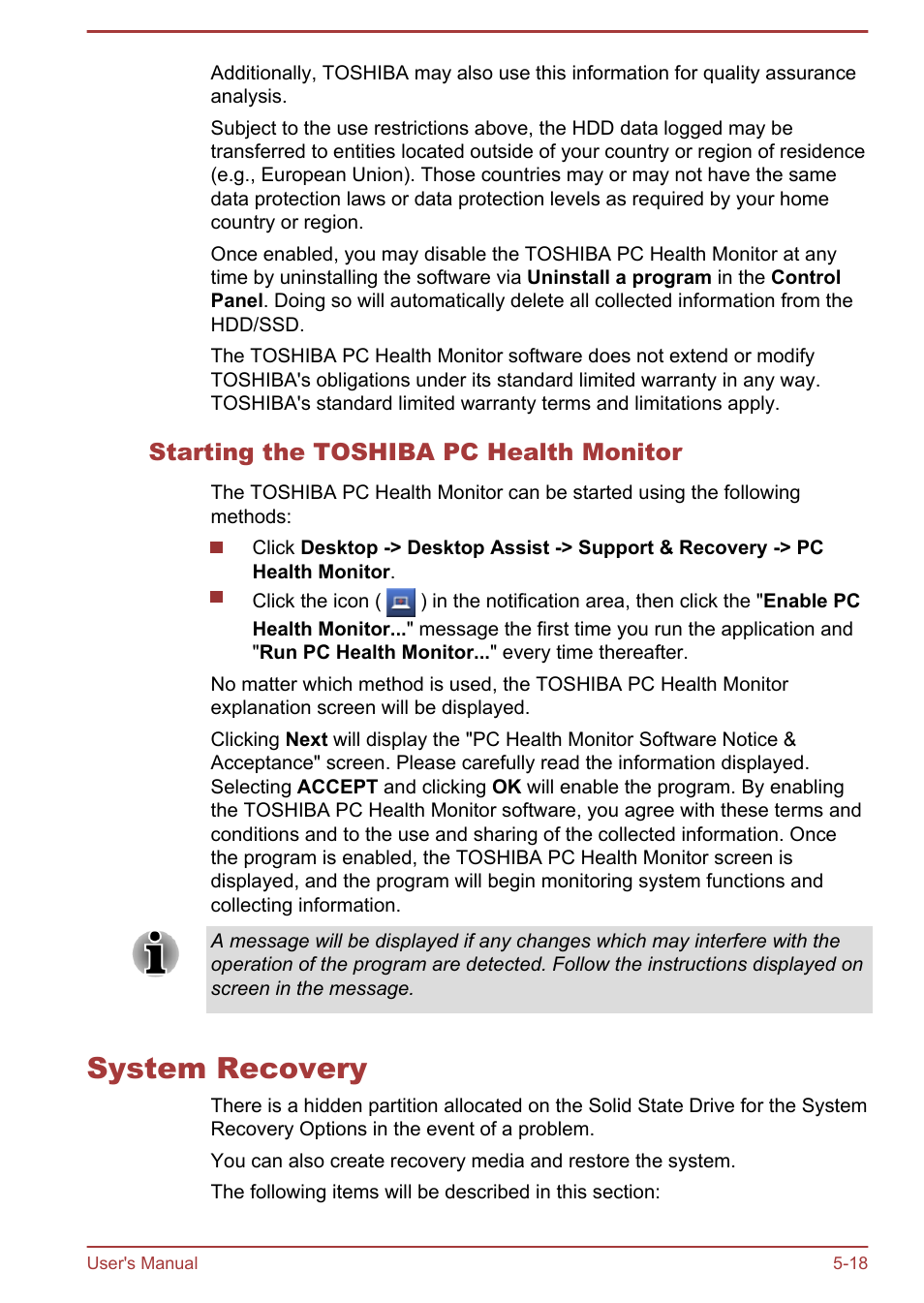 Starting the toshiba pc health monitor, System recovery, System recovery -18 | Toshiba Portege Z930-E User Manual | Page 107 / 131