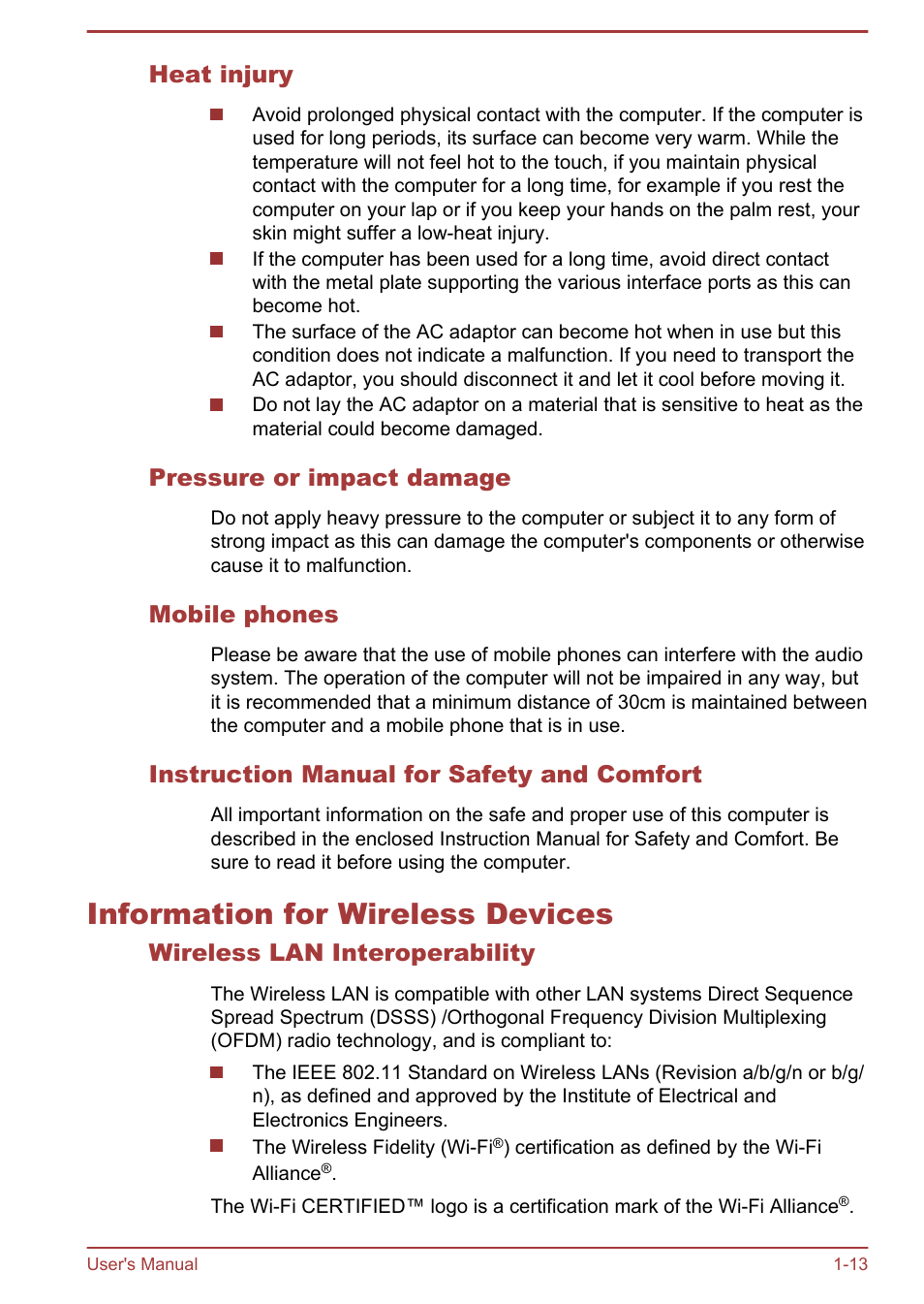Heat injury, Pressure or impact damage, Mobile phones | Instruction manual for safety and comfort, Information for wireless devices, Wireless lan interoperability, Information for wireless devices -13 | Toshiba Portege Z930-E User Manual | Page 17 / 131