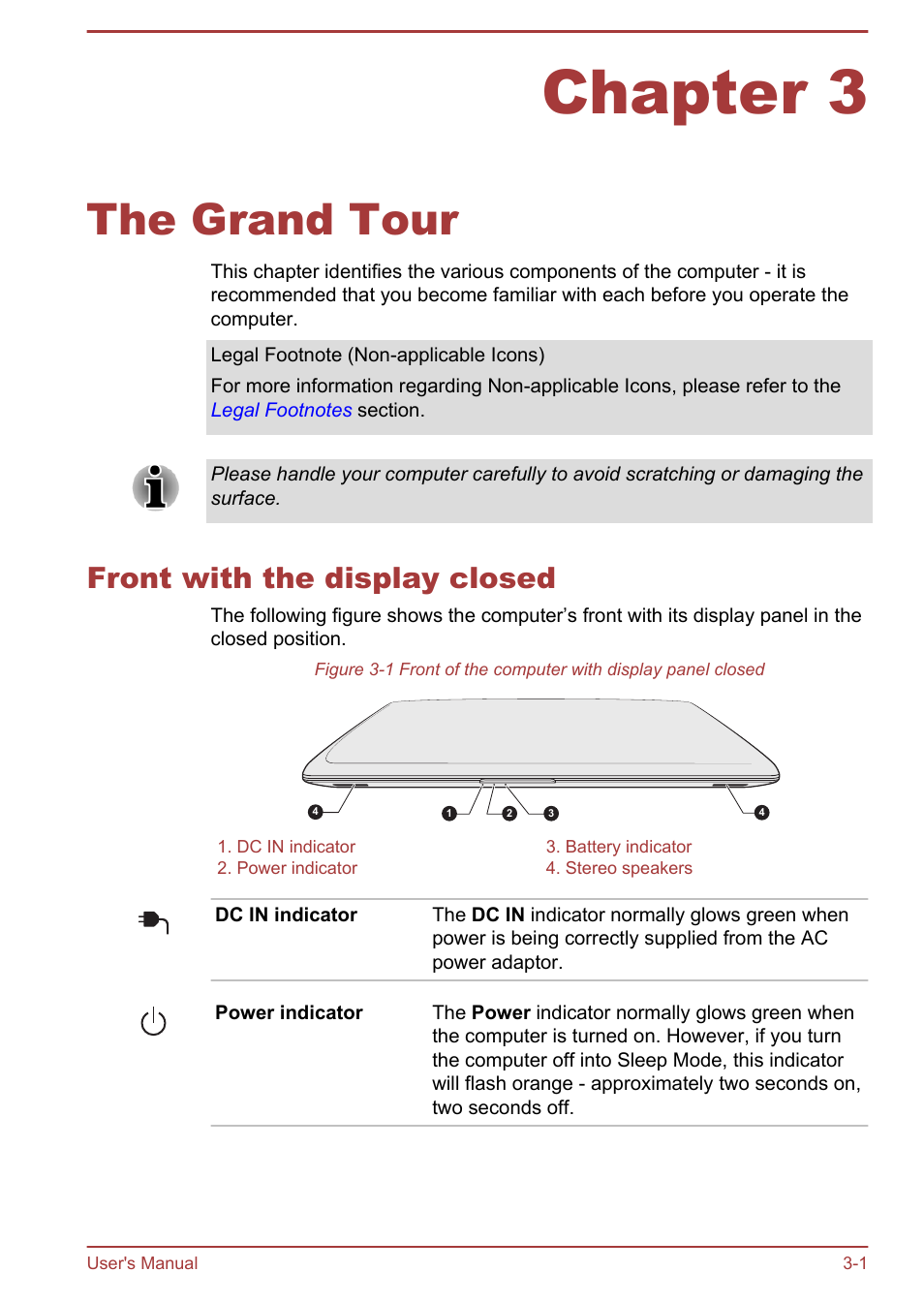 Chapter 3 the grand tour, Front with the display closed, Chapter 3 | The grand tour, Front with the display closed -1 | Toshiba Portege Z930-E User Manual | Page 40 / 131
