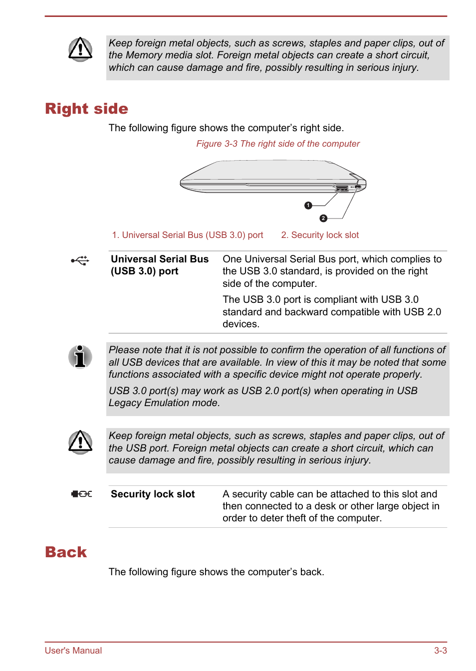 Right side, Back, Right side -3 back -3 | Toshiba Portege Z930-E User Manual | Page 42 / 131
